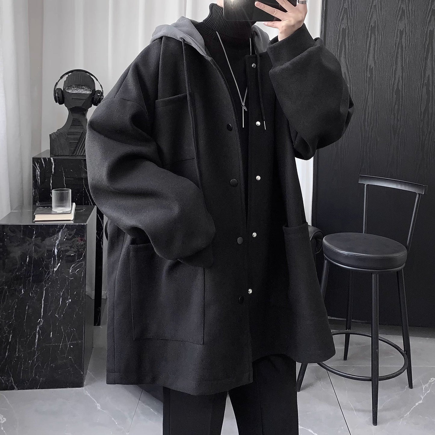 Quilted Hooded Jacket Mens Mid-Length Wool Coat
