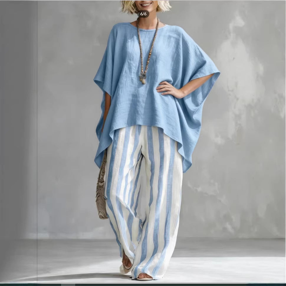 Women's Striped Batwing-Sleeve Loose Two-Piece Set