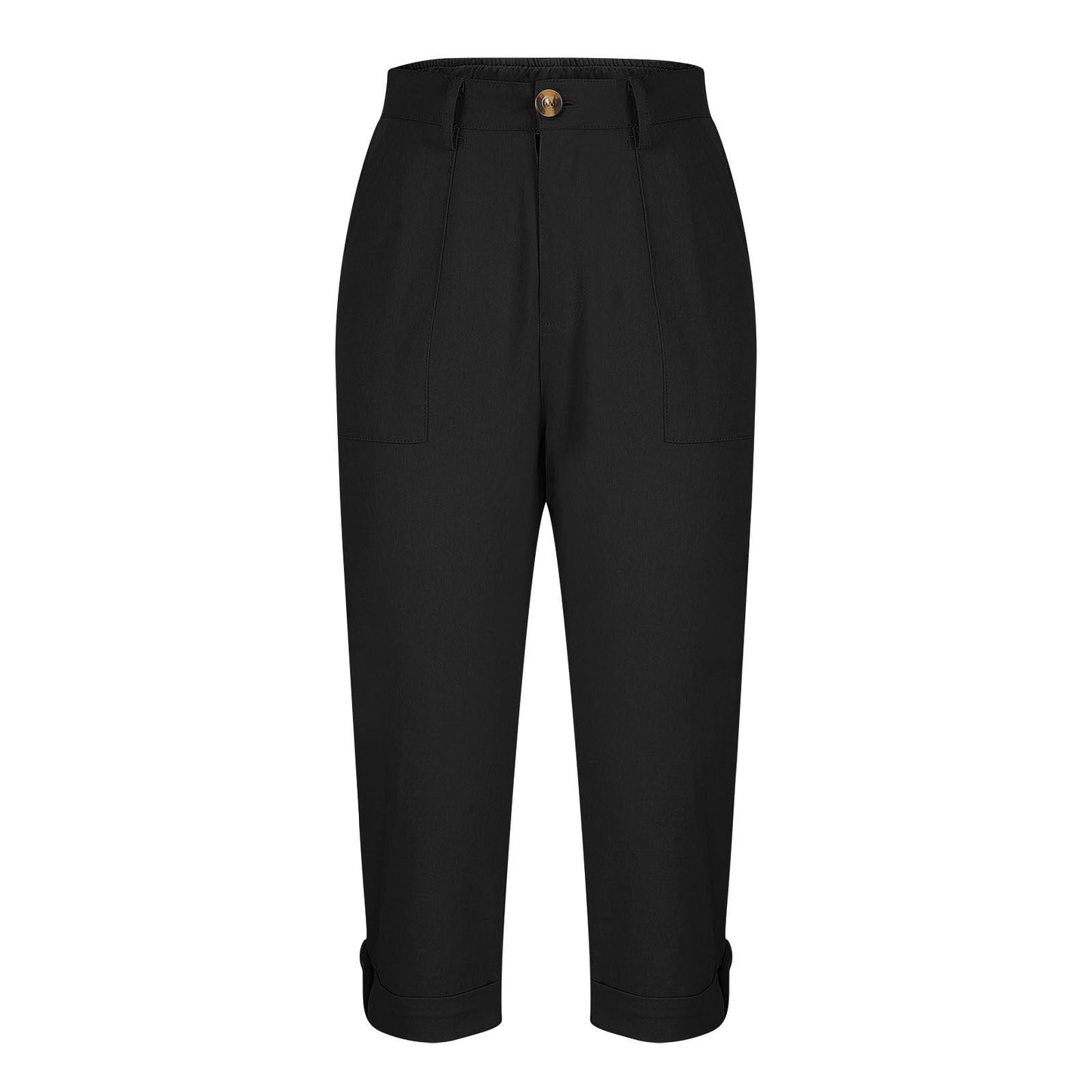 Womens Solid-color Buttoned Roll-up Capri Pants
