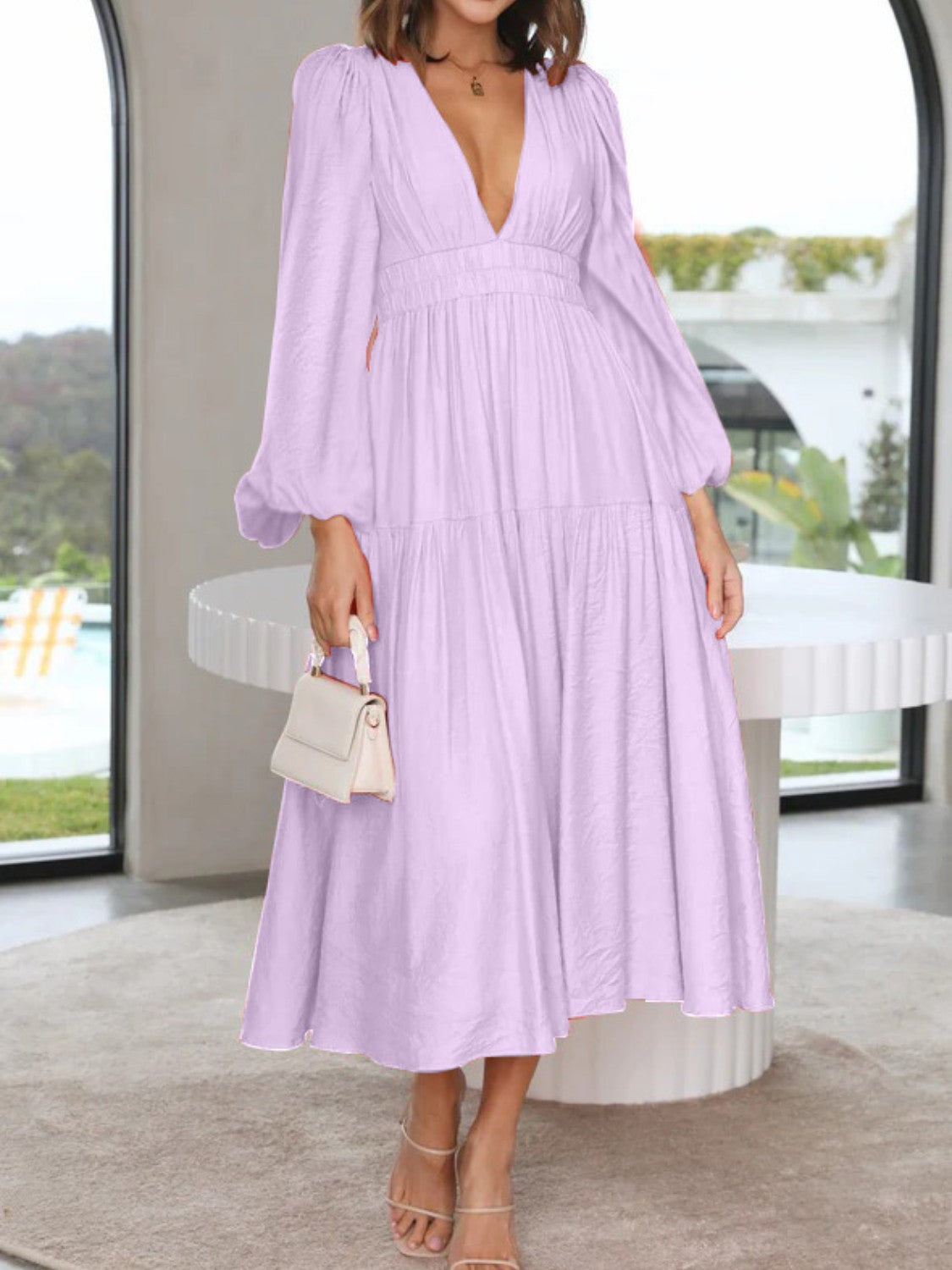 Lightweight Deep V-Neck Balloon Sleeve Maxi Dress Elegant & Flowing Silhouette Unique Dress