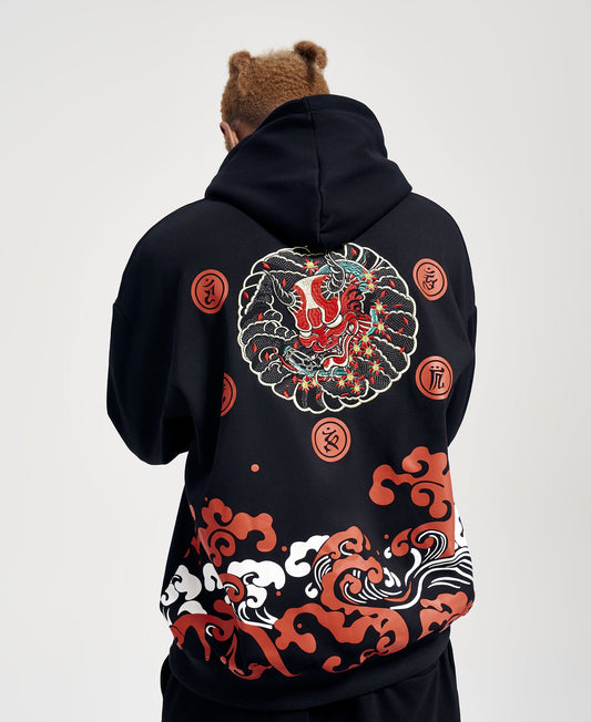 KH9060 Sweat à Capuche Brodé Démon Rouge