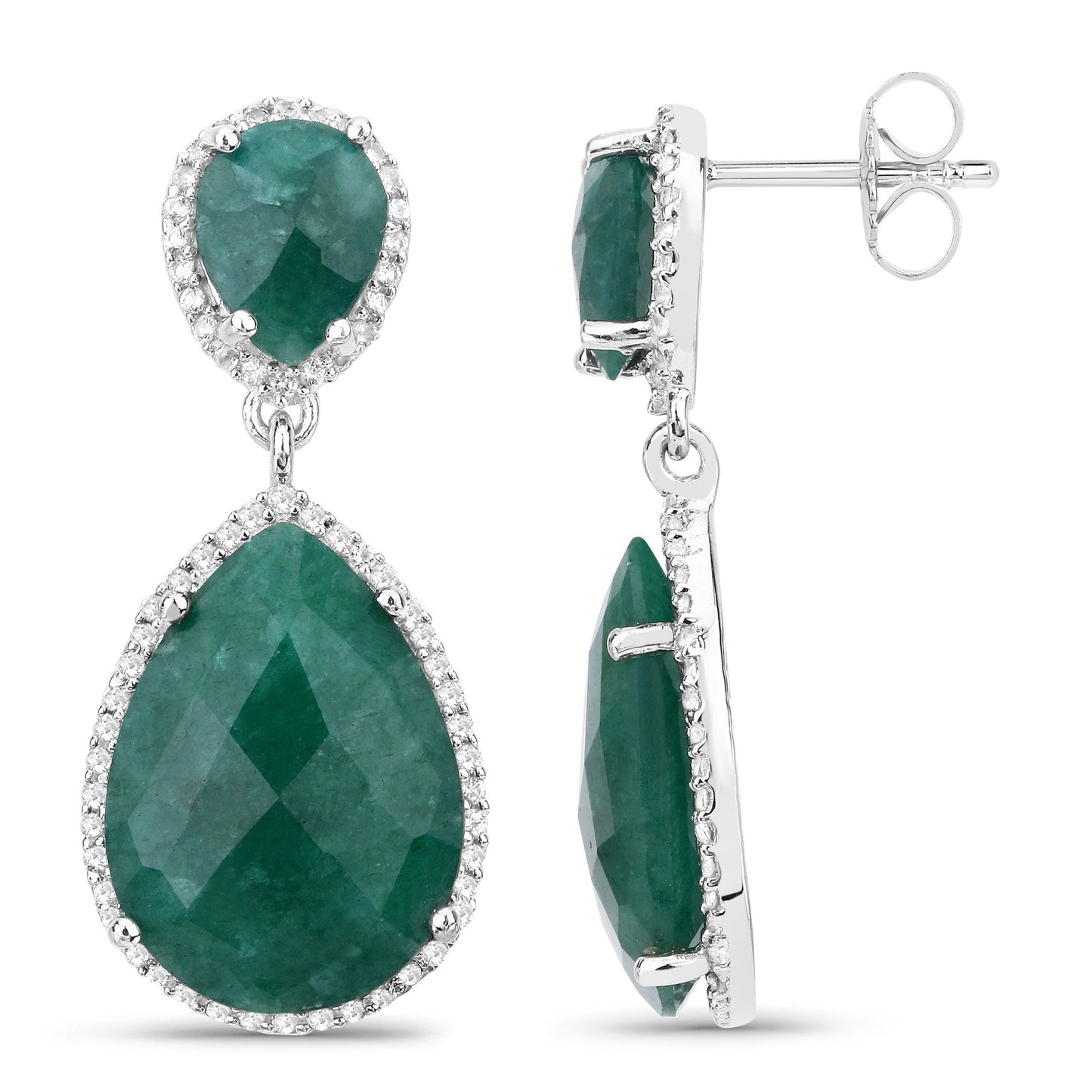 Boucles d'oreilles en argent sterling 925 avec émeraude teintée et topaze blanche de 19,42 carats