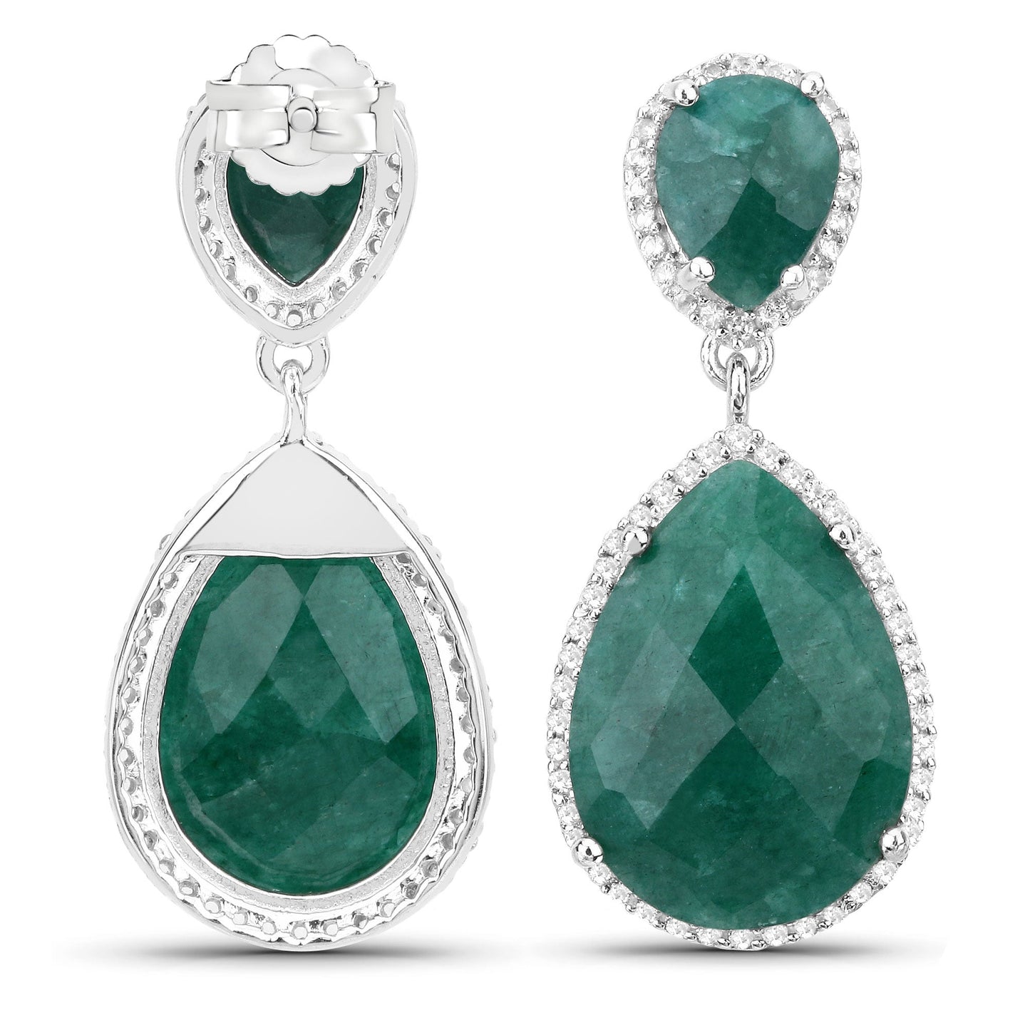 Boucles d'oreilles en argent sterling 925 avec émeraude teintée et topaze blanche de 19,42 carats