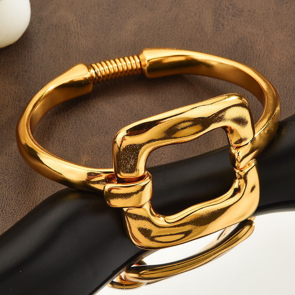 Minimal Interlocking Square Buckle Bangle For Women, High Polish Gold Plated Adjustable Cuff Bracelet, Elegant Daily Fashion Jewelry