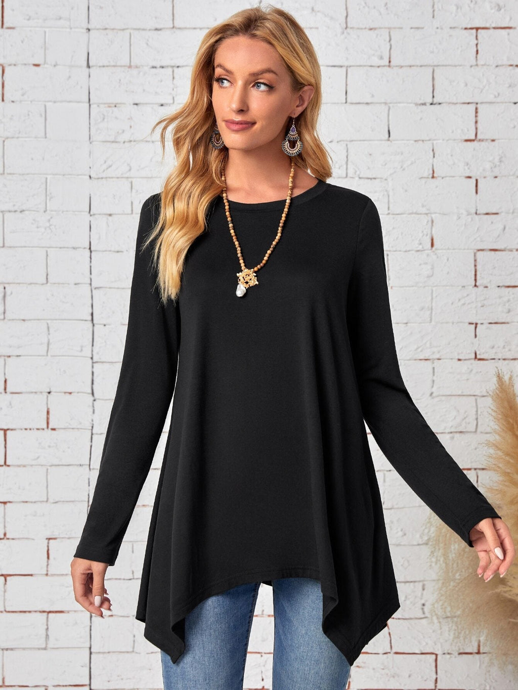 Solid Color Long Sleeve Irregular Fashion Round Neck Top Women's Clothing