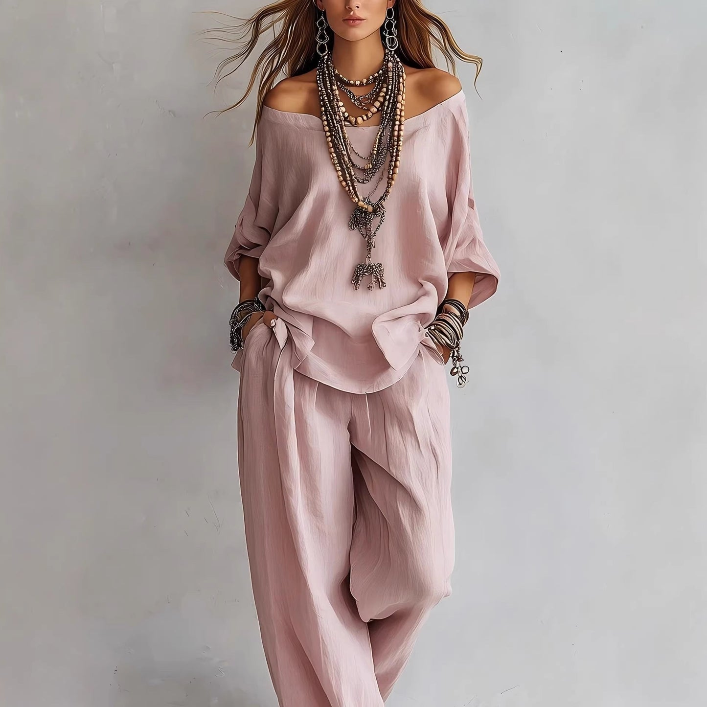 Chiffon Puff-Sleeve Top & Wide-Leg Pants Set – 15 Colors