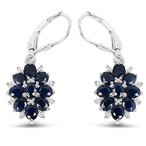 3,94 Karat Blauer Saphir und Weißer Zirkon .925 Sterling Silber Ohrringe