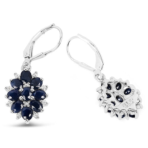 3,94 Karat Blauer Saphir und Weißer Zirkon .925 Sterling Silber Ohrringe