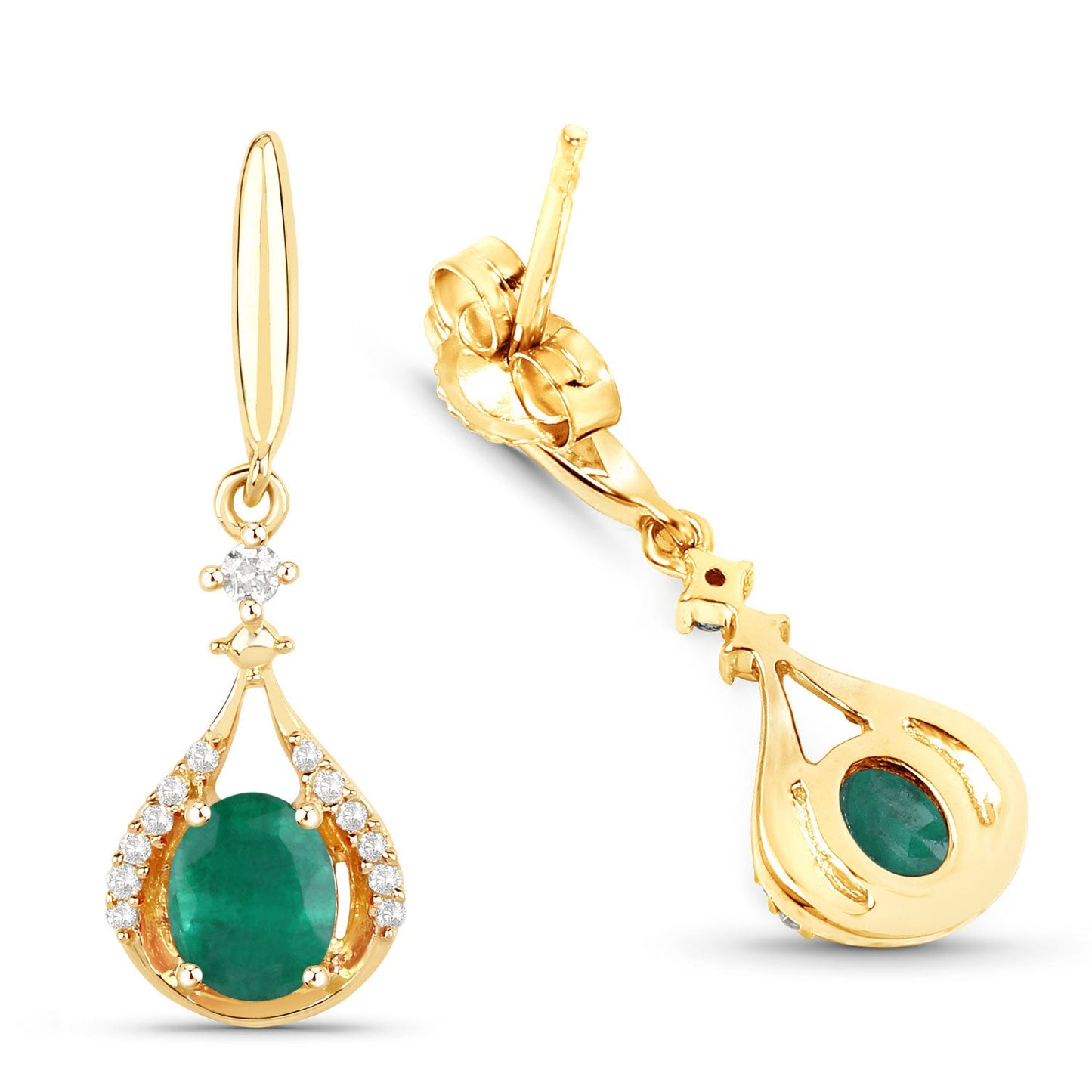 0.70 Karat Echte sambische Smaragde und weiße Diamanten 14K Gelbgold-Ohrringe