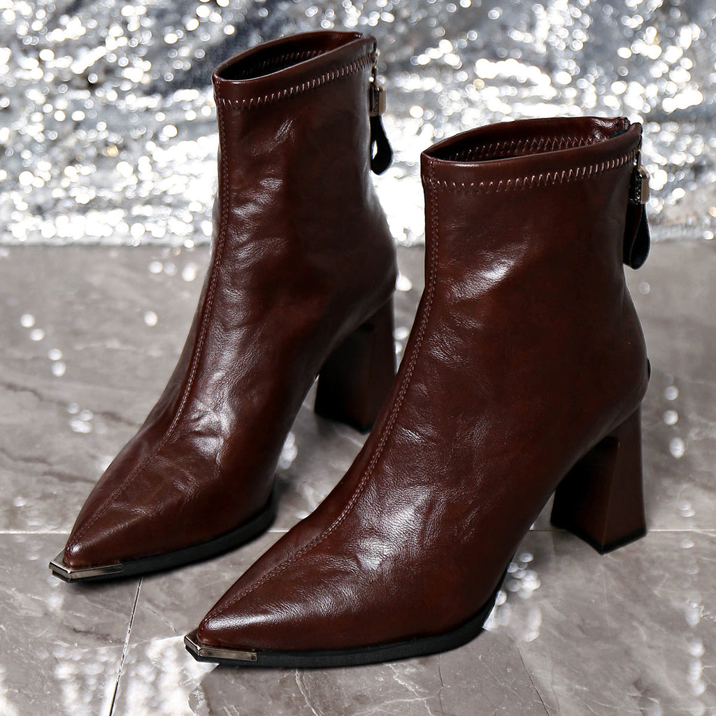 French Style Block Heel Spring Autumn Winter New Ankle Boots Slimming Match Skirt Warm Pointed Toe High Heel Boots Fashion Elegant Fashion Boots