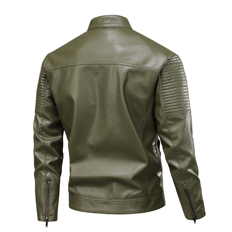 Mens Stand-Up Collar Leather Jacket Slim-Fit Leather Biker Coat For Men