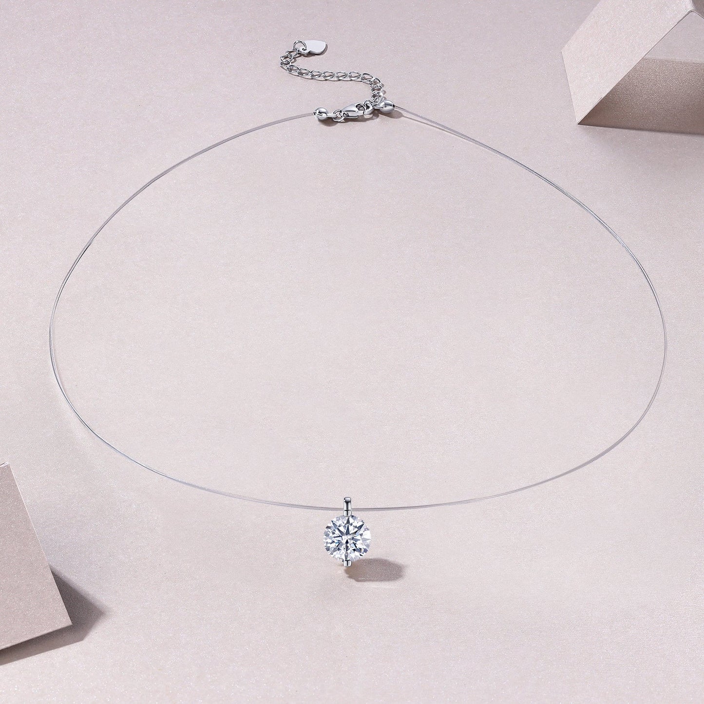 S925 Sterling Silver Invisible Necklace, 1&2&3ct D-VVS1 Moissanite Solitaire Pendant, Platinum Plated 40&46cm Chain, GRA Certified Gift Box