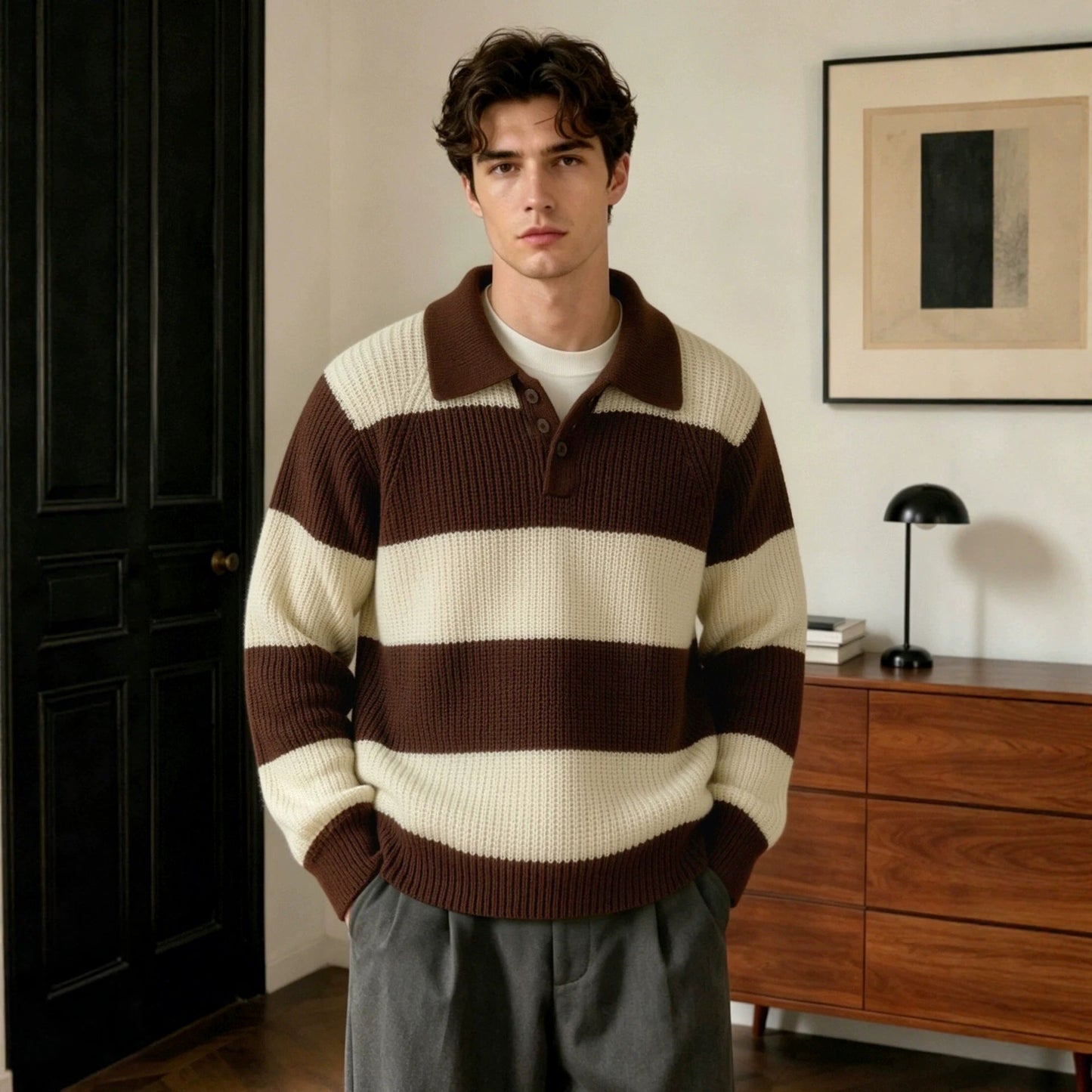 Mens Drop-shoulder Striped Lapel Loose-fit Sweater