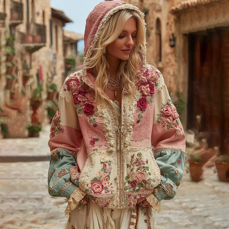 Womens Elegant Floral-Print Hooded Sweatshirt Top