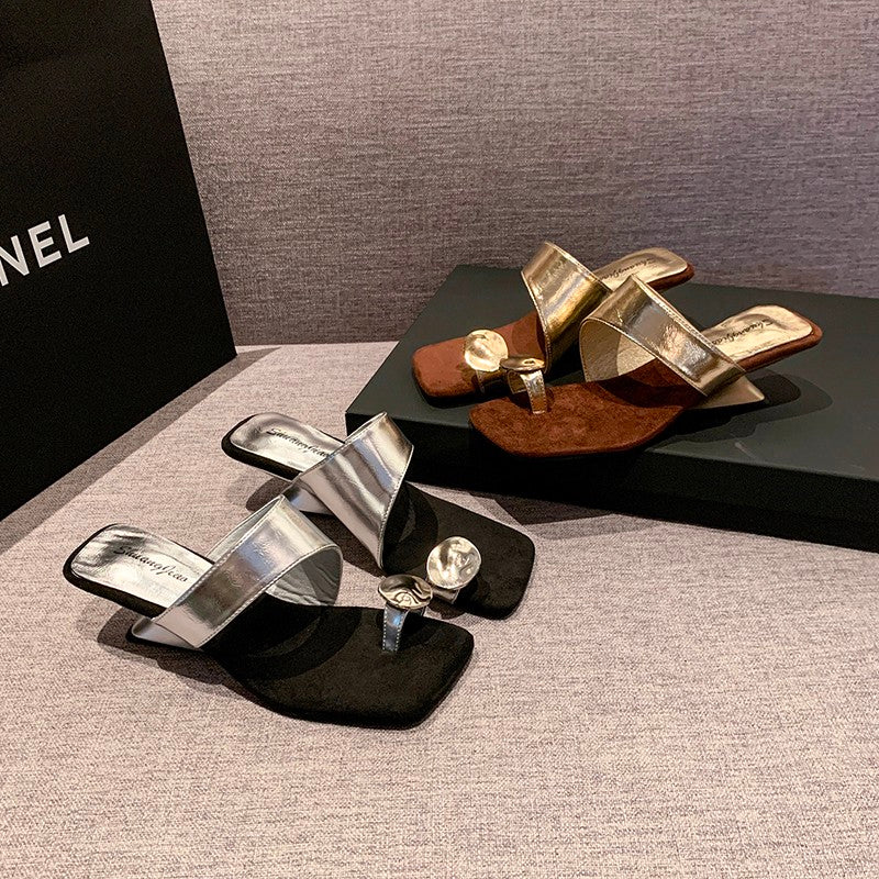 Women French Wedge Toe Loop Slide Sandals, 2026 New Summer Niche Square Toe Slip On Mules For Matching Dresses