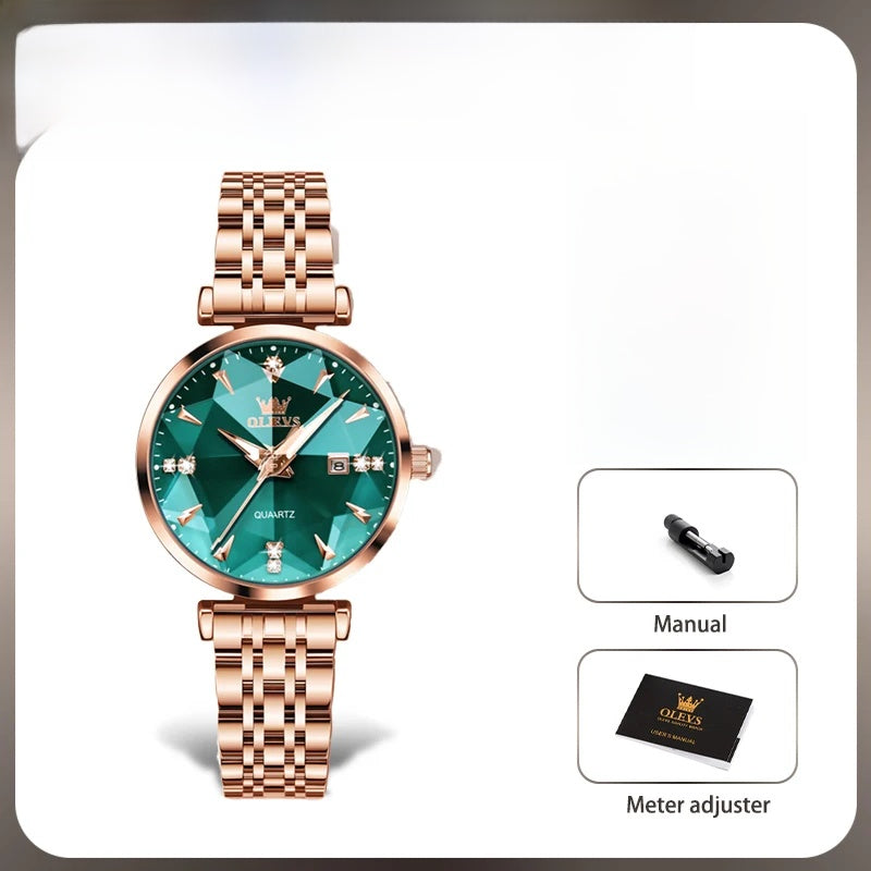 Damen-Edelstahl-Uhr Roségold Blaues Zifferblatt Zirkon