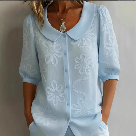 Women's Loose-Fit Retro 3D Embroidered Floral Shirt – Buttoned Casual Top