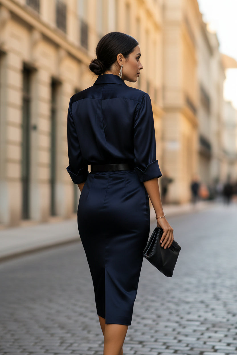 Women's Slim-Fit Lapel Collar Half-Sleeve Midi Dress