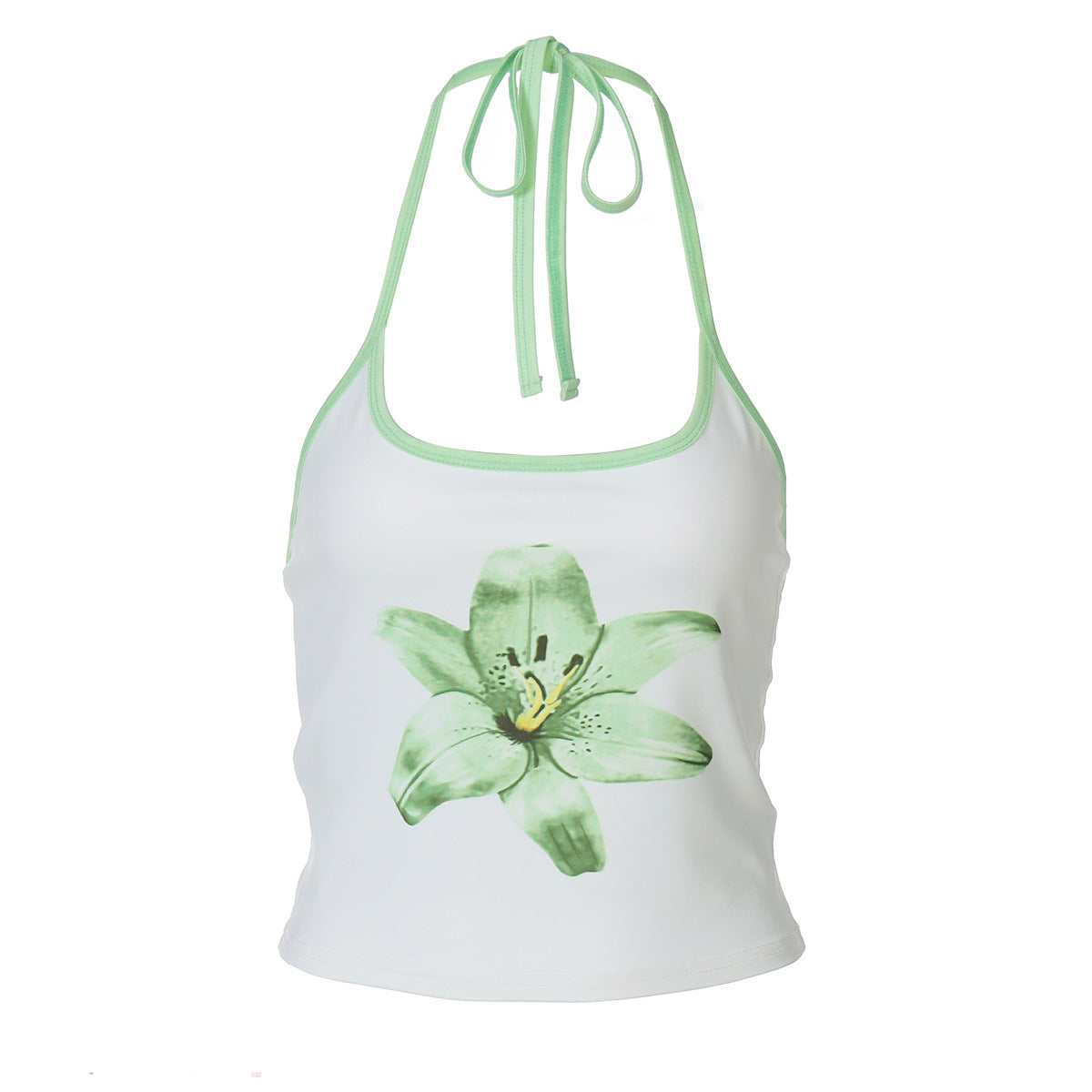 Printed Halterneck Lace-Up Ultra-Cropped Midriff-Baring Tank Top