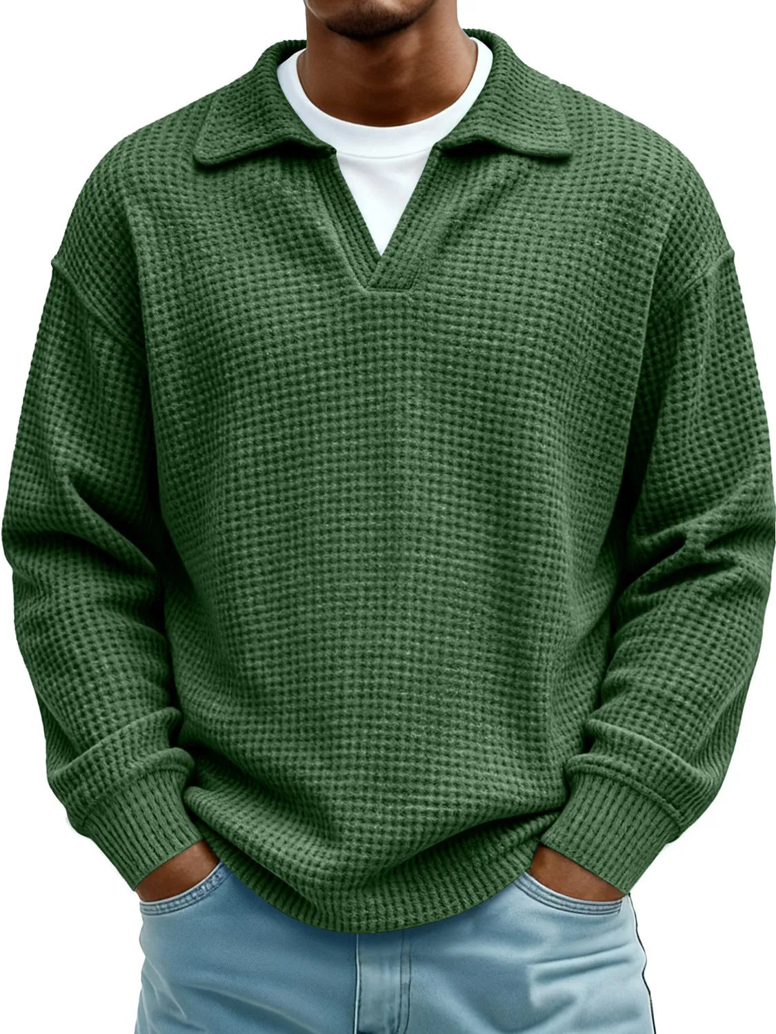 Waffle-Paneled Polo Shirt Mens Lapel Knitwear