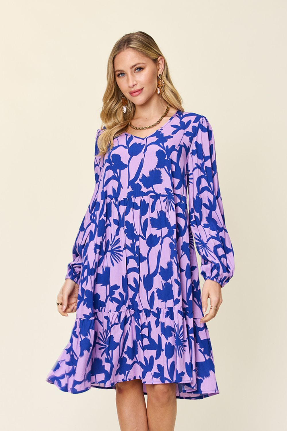 Double Take Full Size Printed Ruffle Hem Dress with Pocket Stylish & Functional Women Dress