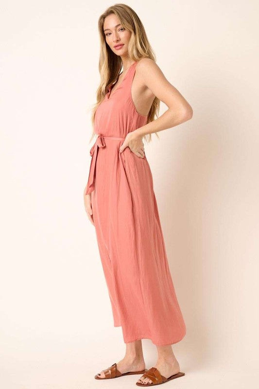Cross Back Belted V Neck Tank Maxi Dress for Women – Flattering, Chic and Elegant Event Style