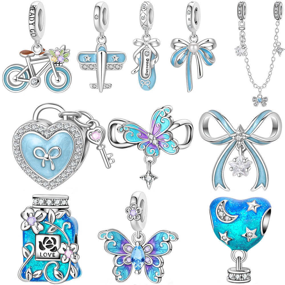 Blue Oil-drip Plated Silver Bow Bracelet And Necklace With Beads