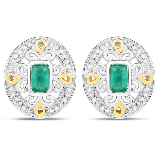 0,69 Karat echter sambischer Smaragd und weiße Diamanten .925 Sterling Silber Ohrringe