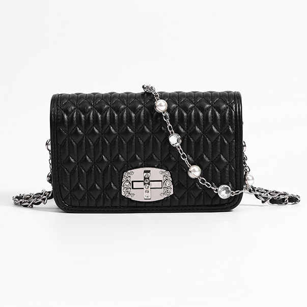 Simple female bag trendy embroidery purse with diamond chain single shoulder purse crossbody