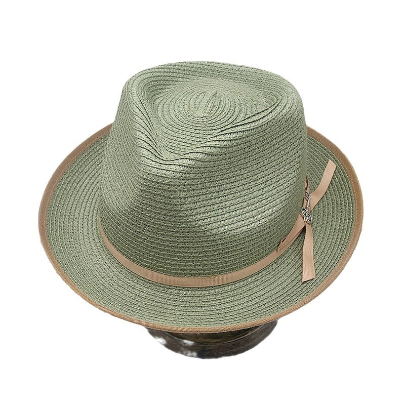 Olive Green Rolled-brim Straw Hat With Bow For Sun Protection Artistic Style For Men And Women