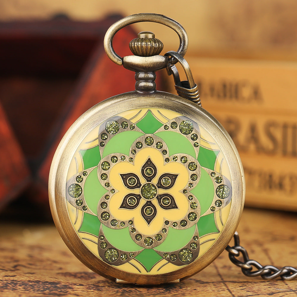 Green Epoxy Flower Manual Mechanical Pocket Watch