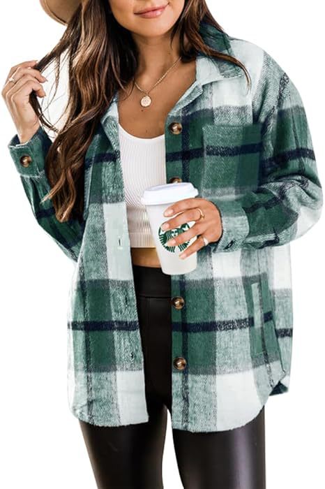 Womens Woolen Plaid Pocket Shirt Casual Jacket