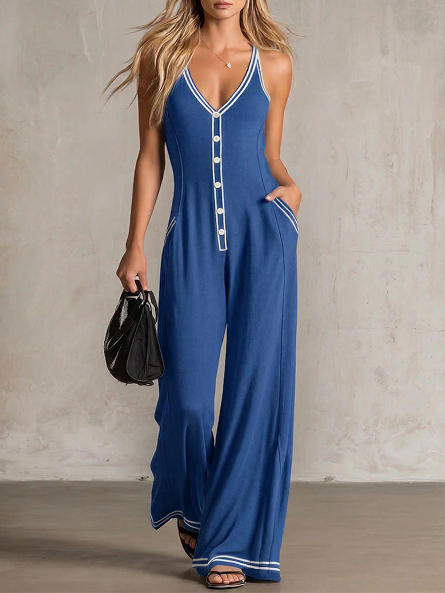 Women's V-Neck Backless Wide-Leg Jumpsuit – High Waist Casual
