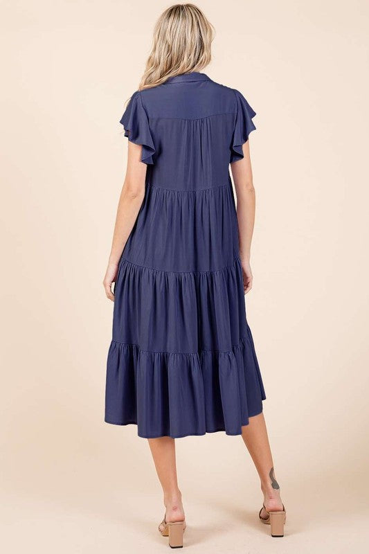 Ruffle Sleeve Collared V Neck Tiered Midi Dress For Women – Fluttering, Feminine and Polished Midi Dress with Layered Details For Any Occasion