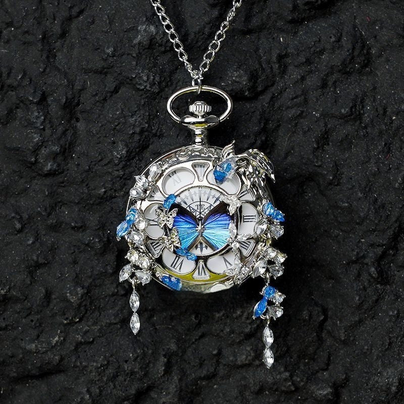 Couples Teal And Green Butterfly Animated Pocket Watch For Graduation Season