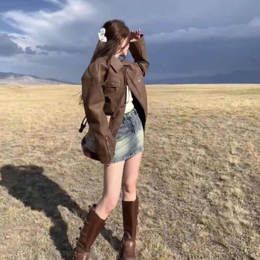 Women's Casual American Retro Solid Color Loose Leather Coat