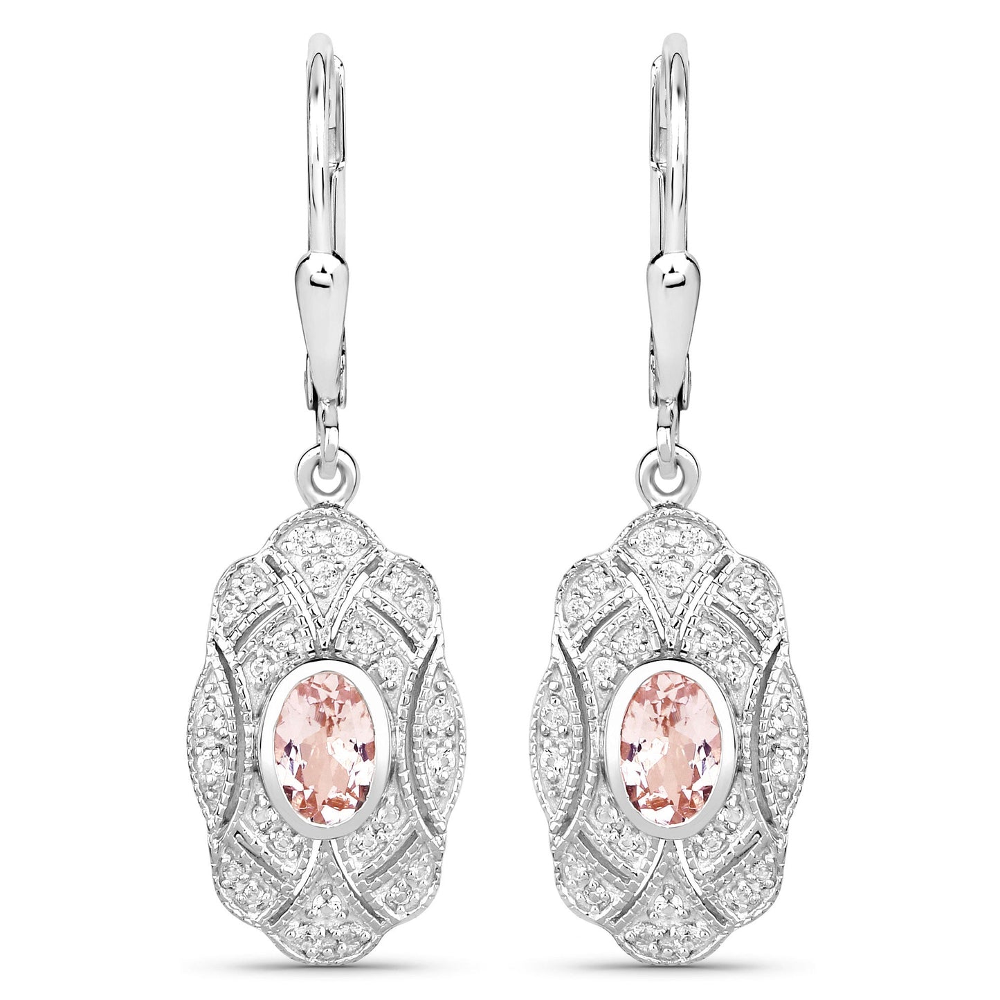 Boucles d'oreilles en argent sterling .925 avec morganite véritable de 1,04 carat et topaze blanche