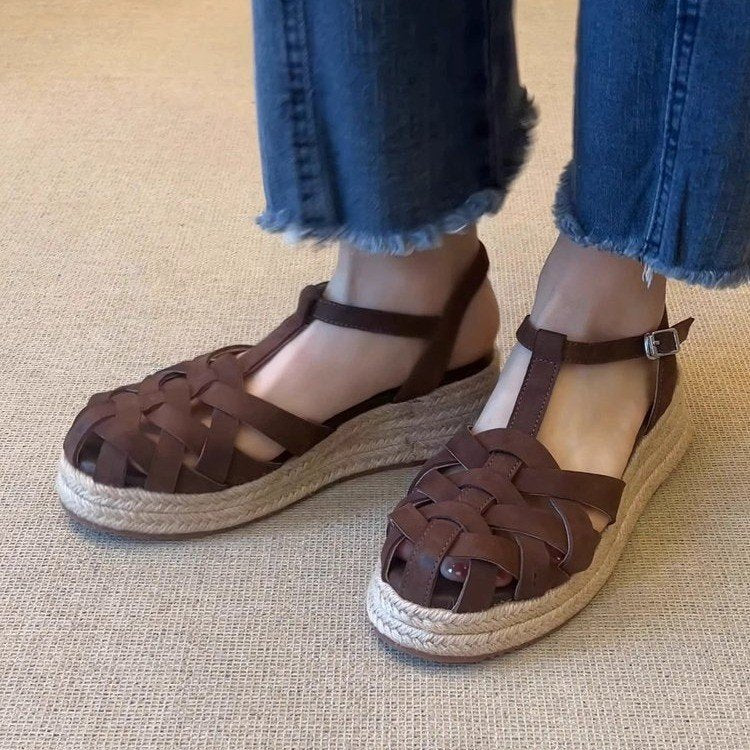 Woven Linen Casual Ethnic Vintage Chic Sporty Sandals With A Comfortable Thick Wedge Sole