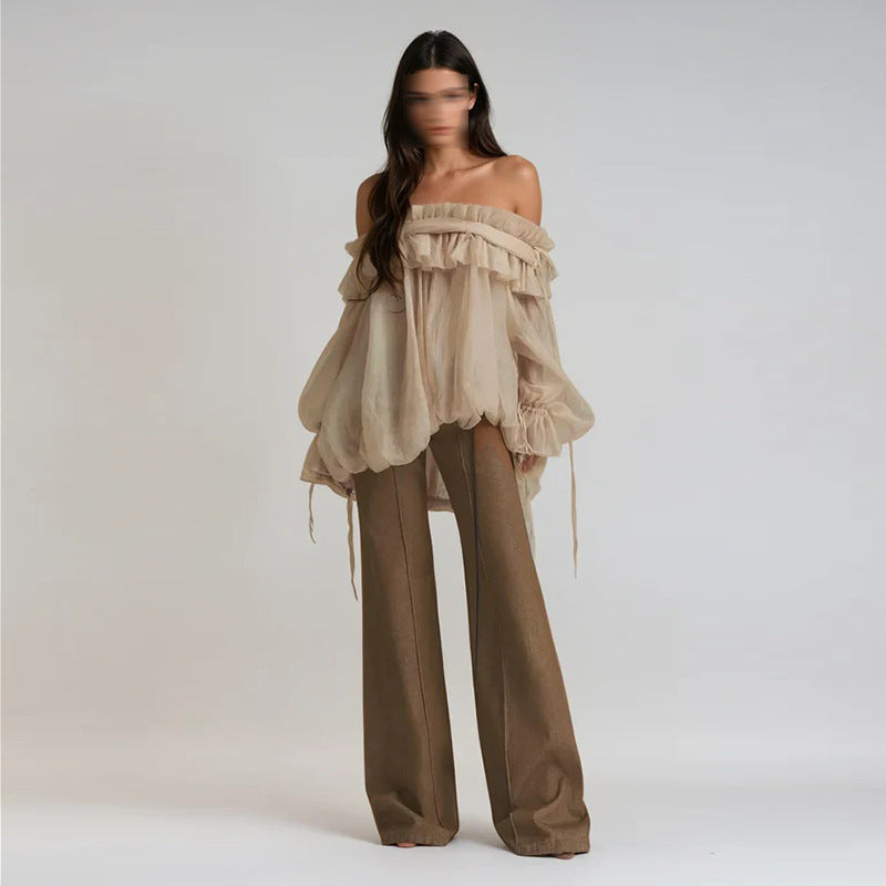 Retro Off-the-Shoulder Strap Bell-Sleeve Solid Color Chiffon Top