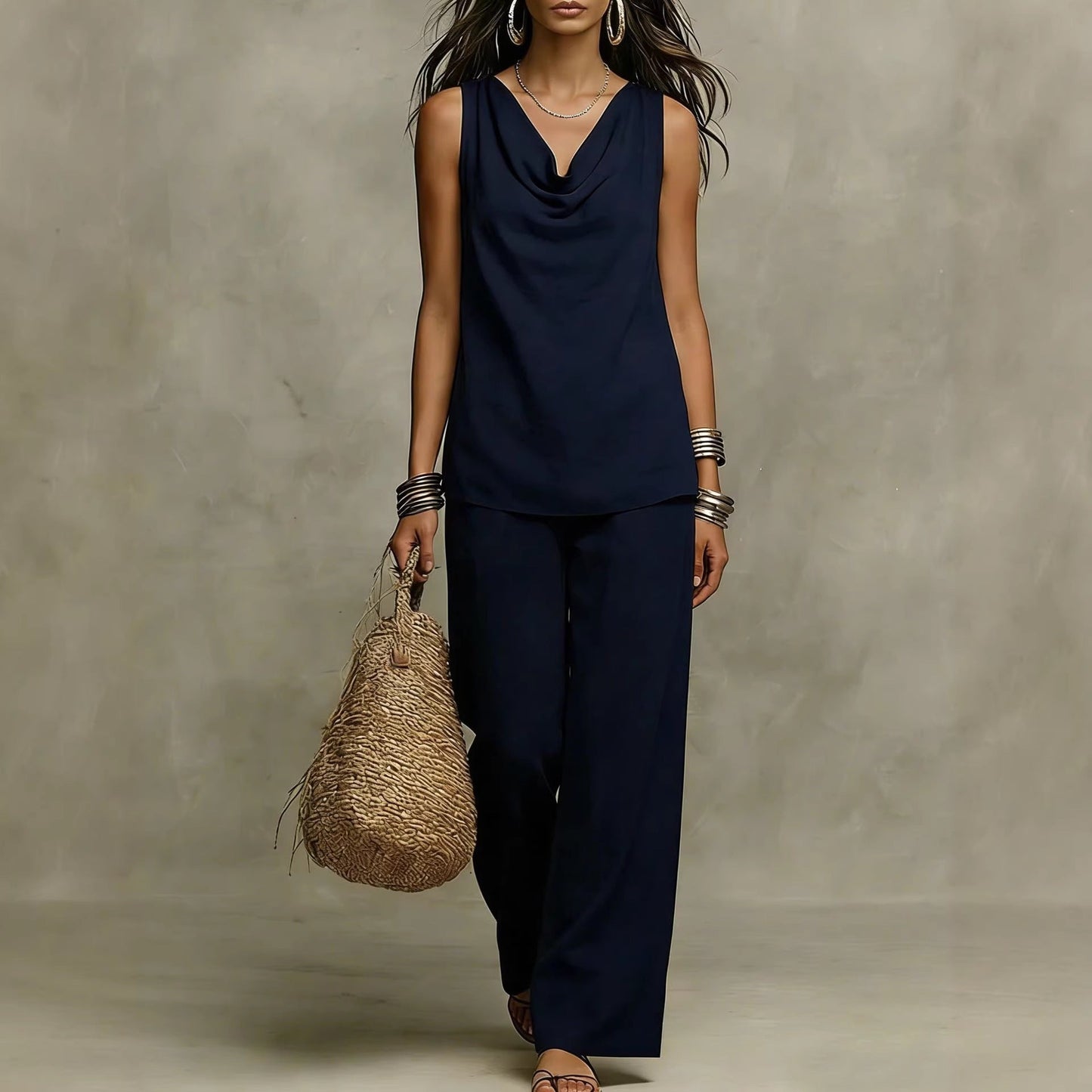 Women's Slash-Neck Sleeveless Tank Top & Casual Pants Set