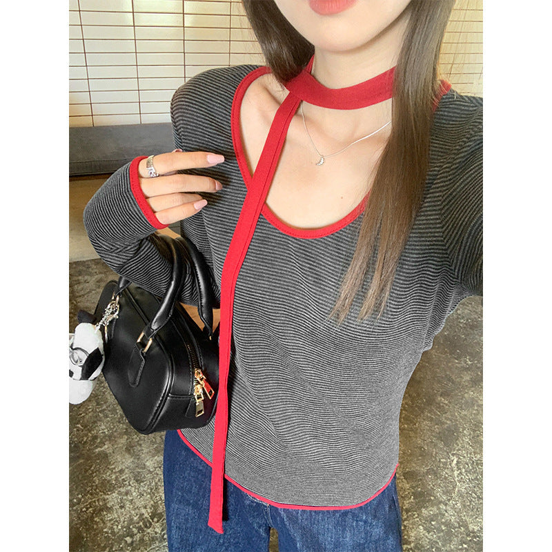 Spicy Girl-style Contrast-color Snood With Striped Long Sleeves For Layering