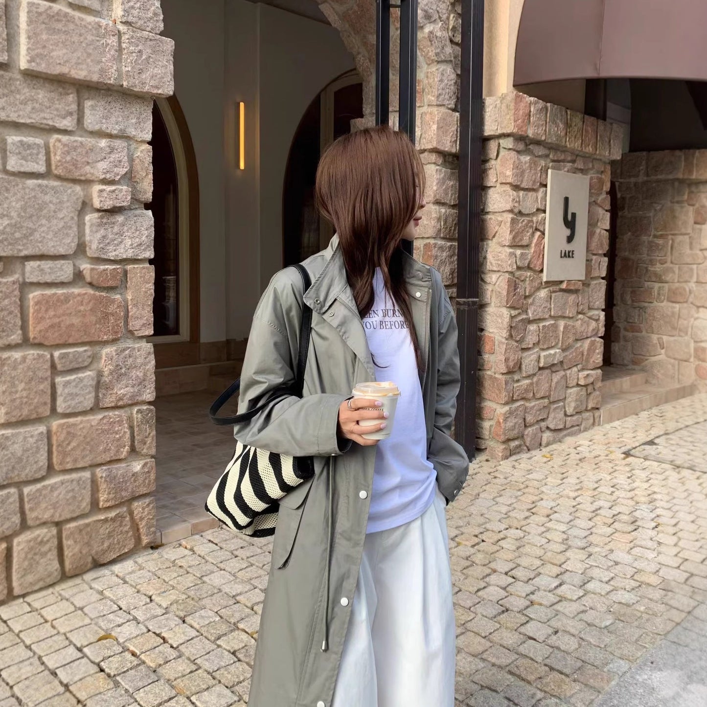 Loose Casual Stylish Long Trench Coat With A Stand Collar And Drawstring