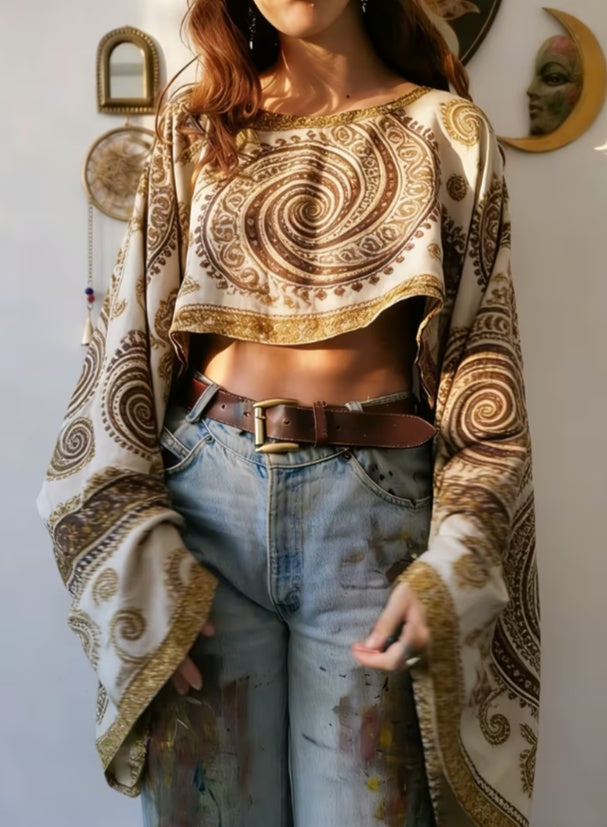 Women's Ethnic Style Printed Loose Long-sleeve Short Crop Top