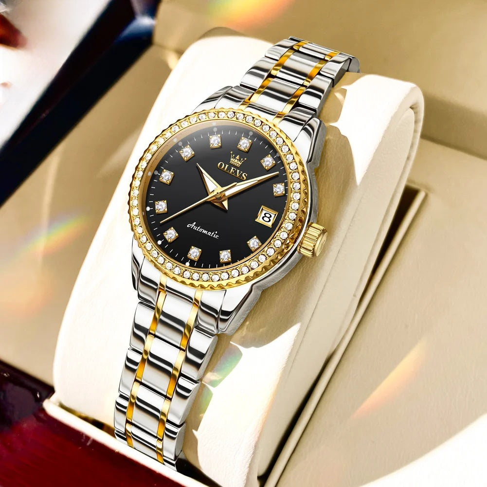 Damen-Automatikuhr mit Diamantzifferblatt aus Edelstahl