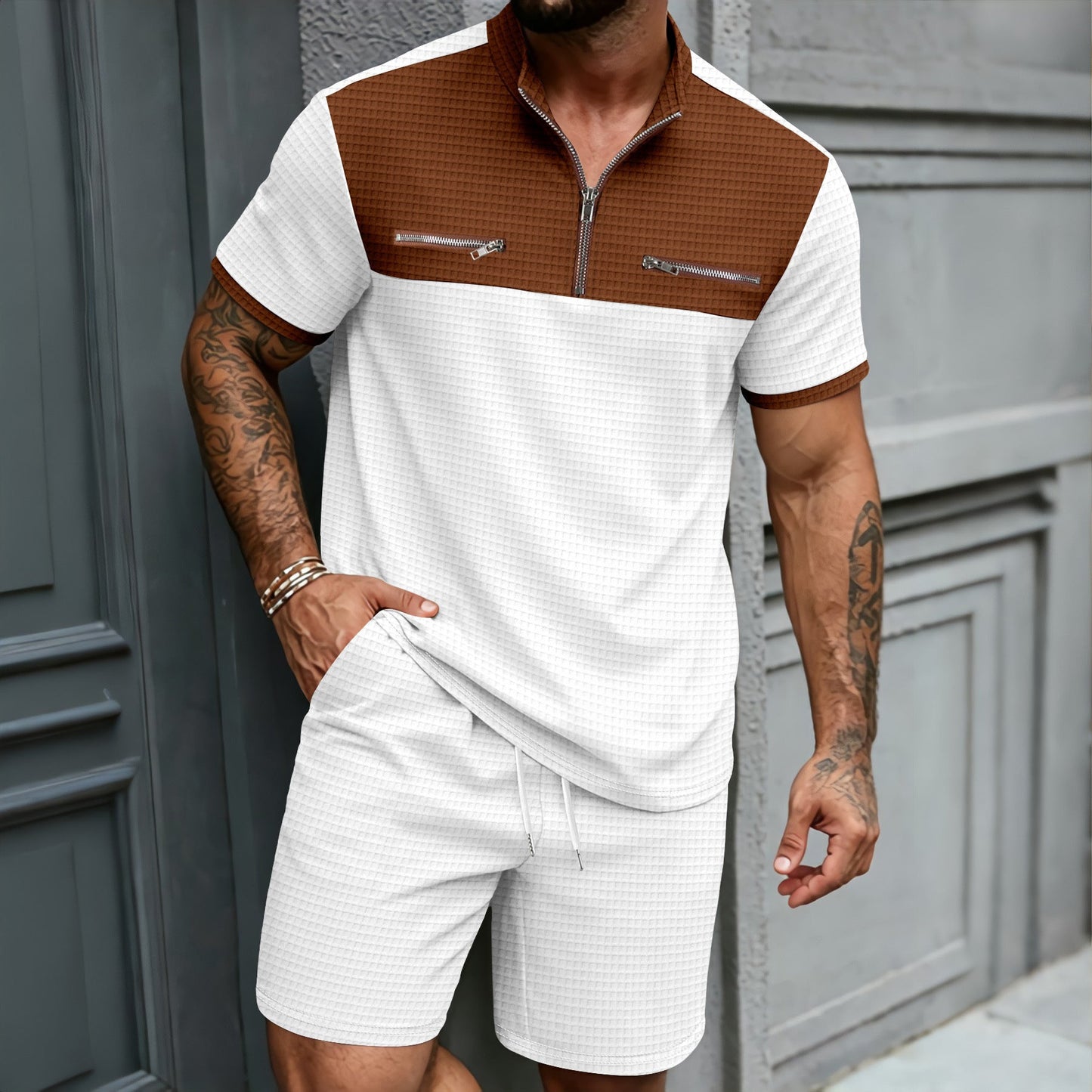 Mens Half-Zip Stand-Neck Short-Sleeve T-Shirt And Shorts Set