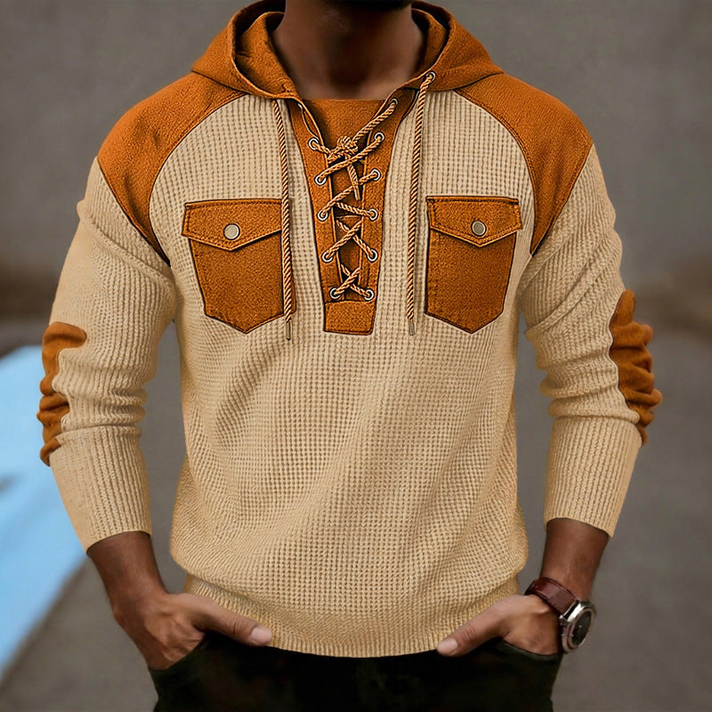 Mens Waffle-Weave Hooded Long-Sleeve Sweatshirt