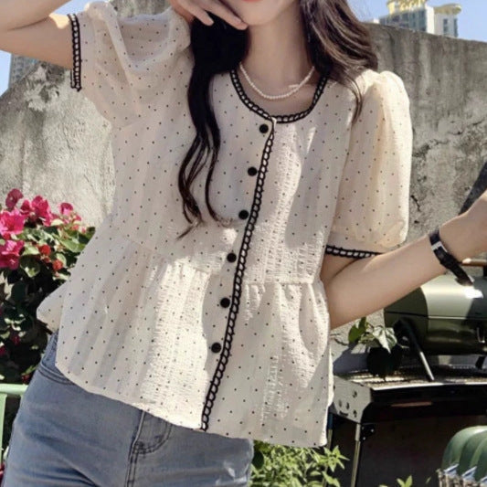Summer Sweet And Feminine Loose-fitting Polka-dot Short-sleeve Top