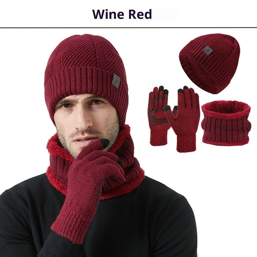 Winter New Thickened Men's Hat Scarf Gloves Three-piece Set
