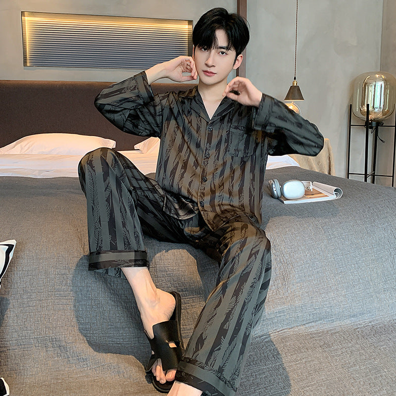 High-grade Ice Silk Men's Pajamas V-neck Thin Trousers Long Sleeve Two-piece Set