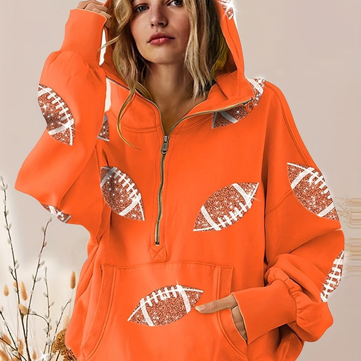 Football Digital Print Hoodie With Long Sleeves And A Zipper